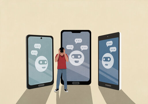 Distraught boy with head in hands standing in front of online chat bubbles on smart phone screens