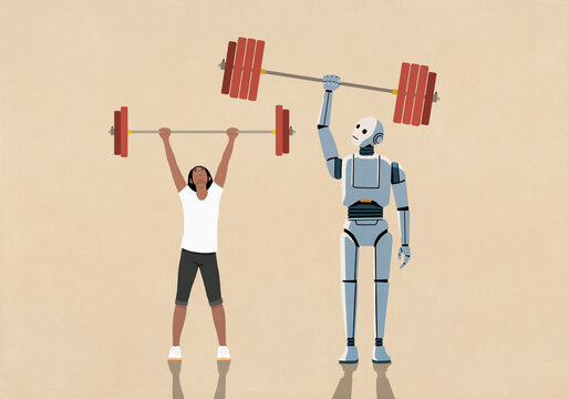 Humanoid robot outperforming woman weightlifting barbell overhead