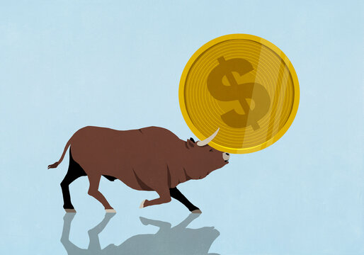 Bull propping up golden coin with dollar sign