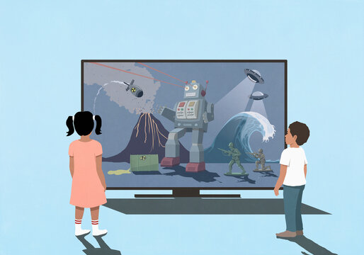 Boy and girl watching scary news events on television screen