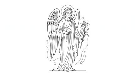Obraz premium Elegant angel line art illustration featuring a divine winged figure with a halo holding a lily flower for spiritual adult coloring book pages