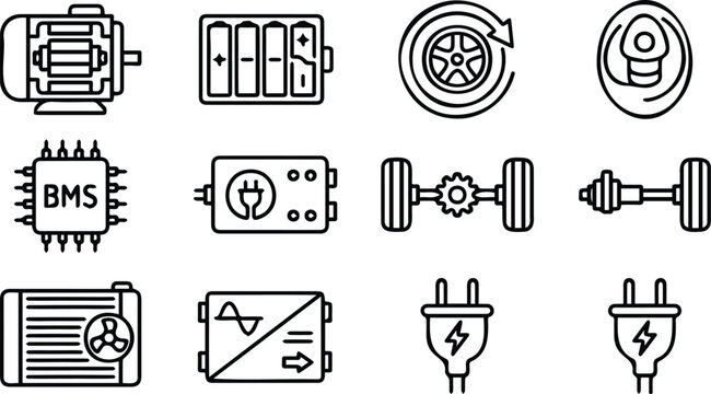 Electric vehicle powertrain engineering battery management system BMS and motor line icons set