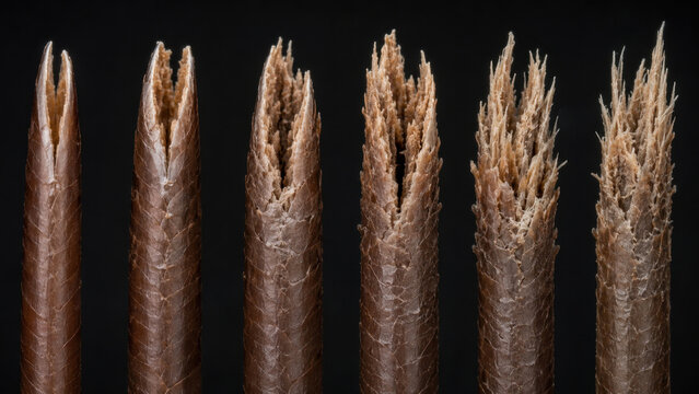 Macro progression showing distressing extreme weathering damage of hair strand split end condition causing invaginata deterioration to fragile broken cuticle texture