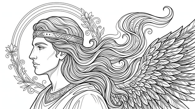 Detailed black and white line art of a male angel with long hair, feathered wings, and floral motifs for adult coloring page
