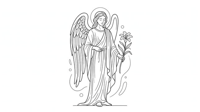 Elegant angel line art illustration featuring a divine winged figure with a halo holding a lily flower for spiritual adult coloring book pages