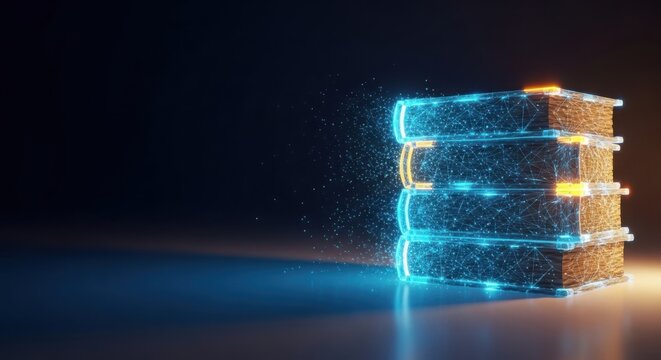 a stack of books with blue and orange lights illustration