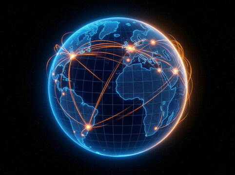Digital Earth with glowing network and clock time zone concept in futuristic neon blue