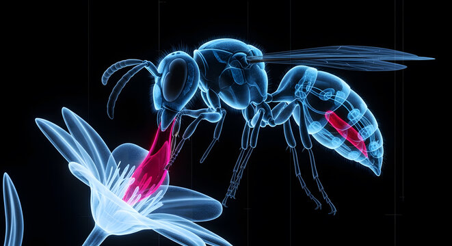 Holographic bionic wasp extracting pink glowing nectar from a flower, translucent x-ray style illustration