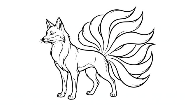 Elegant nine-tailed fox line art illustration of a mythical kitsune creature for coloring book page isolated on a white background.