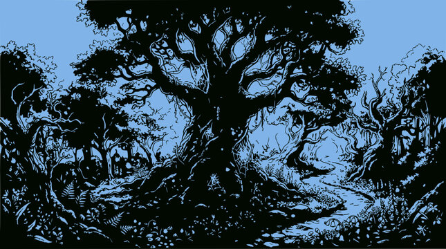 Enchanted forest scene with ancient gnarled tree and winding path, mystical atmosphere