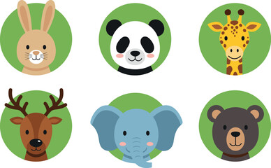 Fototapeta premium Cute Wild And Domestic Animal Faces Collection Vector Illustration Set With Bunny Panda Giraffe Deer Elephant And Bear