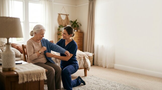 Caregiver helping elderly woman put on cardigan in bedroom