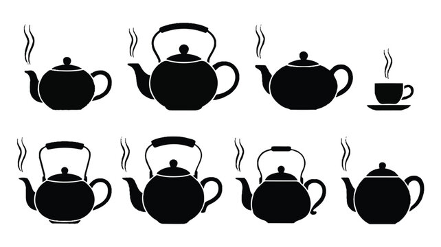 Seven black teapots and one cup with steam on a white background illustration