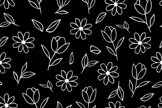 Minimal black and white floral outline pattern featuring simple flowers and leaves on a dark background, ideal for wallpaper, textile, and modern decor.