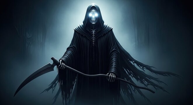 Spooky halloween background with grim reaper skeleton in dark robes