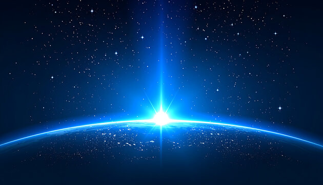 Abstract glowing blue planet or digital sphere with bright light beam erupting from surface, surrounded by tiny stars