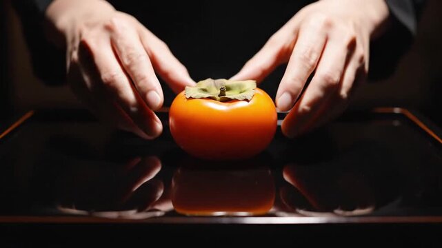 Hands holding a persimmon fruit on a dark surface with a black background