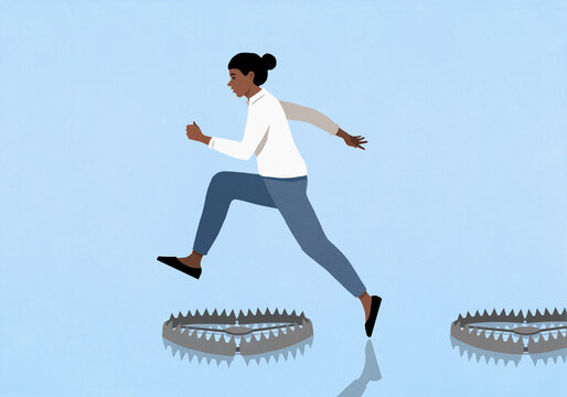 Woman jumping over bear traps against blue background