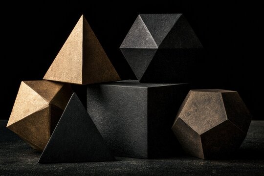 Stack of platonic solid geometric shapes in stone and bronze on dark background still life