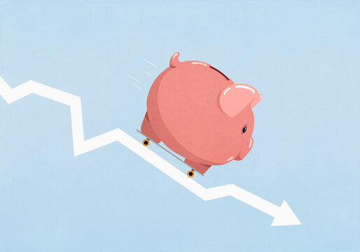 Piggybank on skateboard speeding down descending arrow against blue background