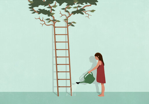 Barefoot girl in dress watering ladder sprouting branches and leaves at top against green background