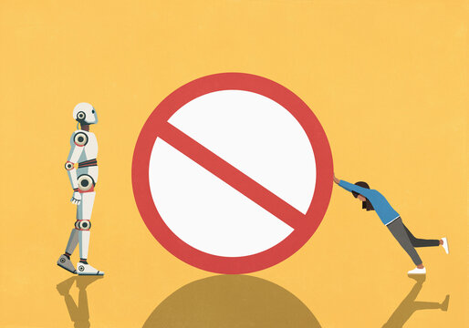 Woman pushing large 'No' symbol toward humanoid robot against yellow background