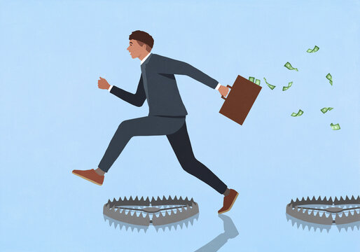Businessman with money briefcase jumping over bear traps against blue background