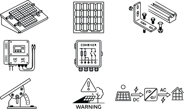 Solar panel installation hardware inverter combiner box and mounting system vector outline icons set