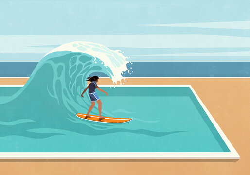 Woman surfing under wave in swimming pool