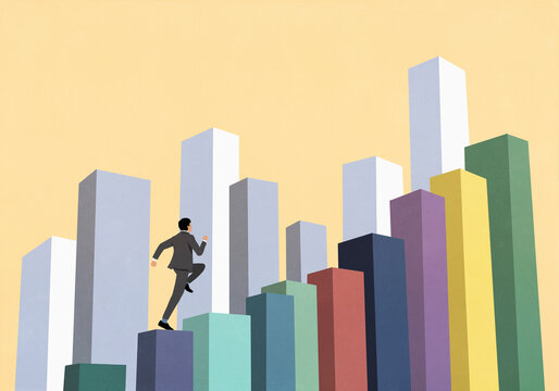 Businessman running up ascending multicolored bar graph
