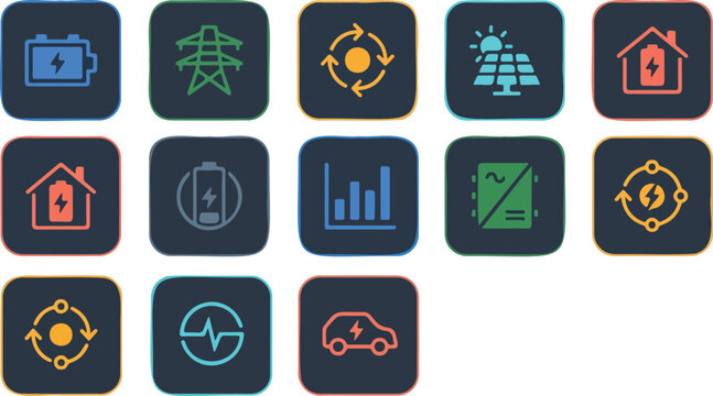 Solar energy storage and smart grid battery power vector icons set in flat 2.0 style