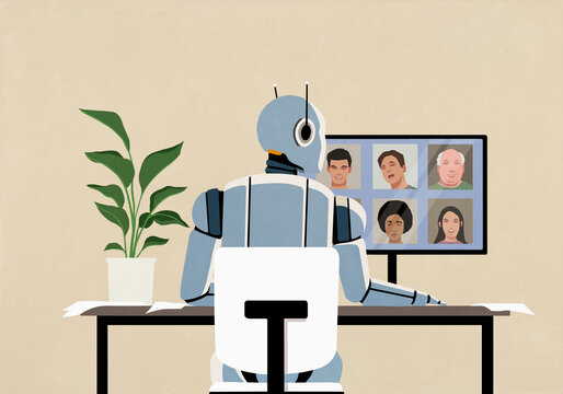 Humanoid robot on video conference with coworkers on computer screen in office