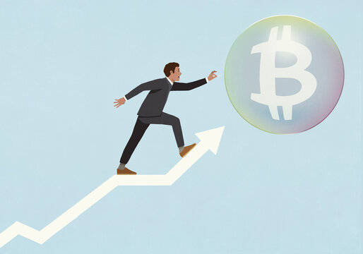 Businessman investor with pin popping Bitcoin bubble above ascending arrow chart