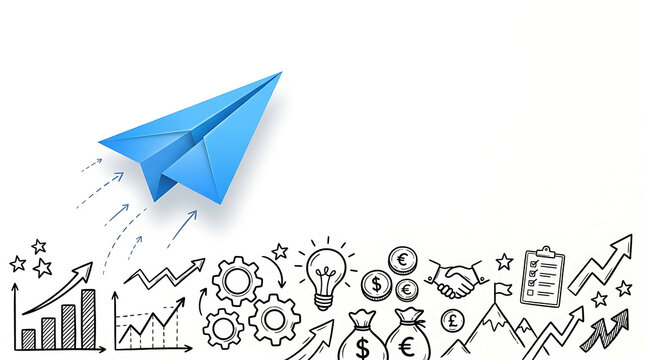A blue paper airplane flies over various business icons and graphs on a white background.