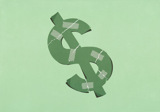 Ripped paper dollar sign mended with adhesive tape on green background