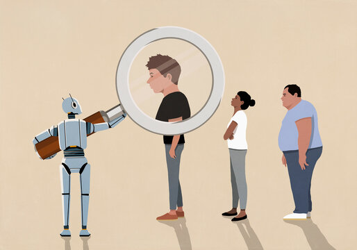 Humanoid robot holding magnifying glass over man standing in queue