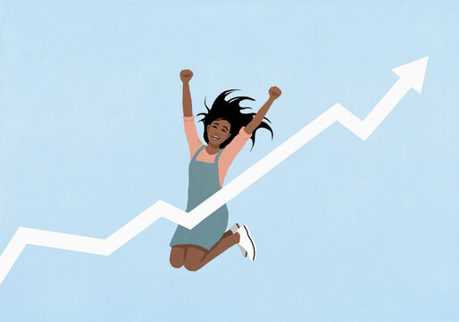 Carefree woman jumping for joy behind ascending arrow graph on blue background