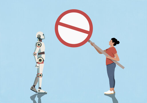 Woman holding 'No' protest sign in front of AI humanoid robot on blue background