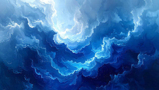 Abstract flowing waves of blue and white with glowing particles, cosmic nebula or ocean depths texture