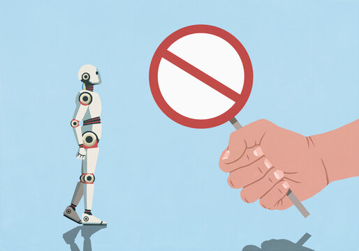 Hand holding 'No' symbol protest sign in front of AI humanoid robot on blue background