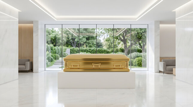 Luxurious metallic gold casket sits prominently on a clean white pedestal inside a modern bright funeral home lounge with marble floors and large windows looking out into a green garden.