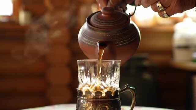 Hand pouring tea from brown teapot into crystal mug on table indoors