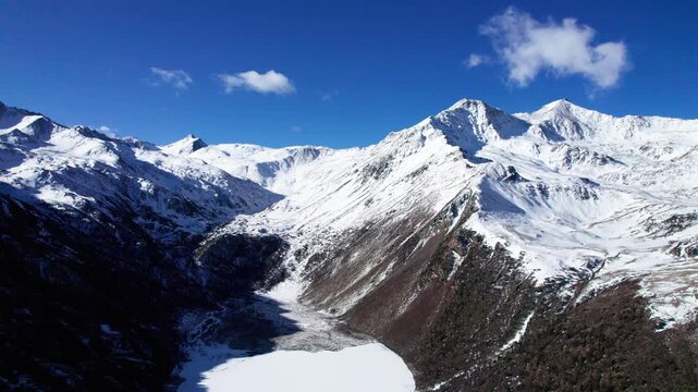 Drone view of Ren lake or Rencuo in Tibetan, alpine glacial holy lake covered by white snow in Dege County, Garze Tibetan Autonomous Prefecture, Sichuan, China, 4k hyper lapse footage, travel concept.