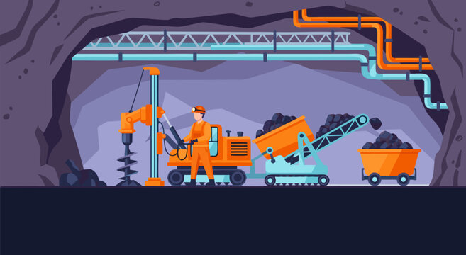Coal Mining Operation Vector Illustration Depicting Machinery and Worker in Underground Mine