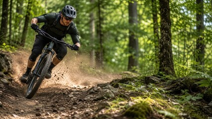 Fototapeta premium Mountain Biker on Dirt Trail person bike woods forest trees shade jump turn downhill rider dark green