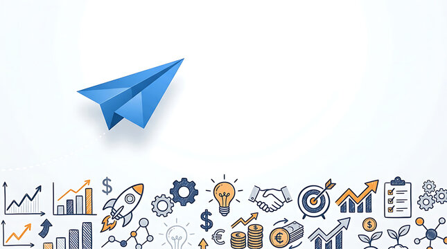 A blue paper airplane flies over various business and technology icons on a white background.