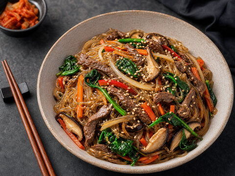 Korean Japchae Noodles With Beef And Vegetables