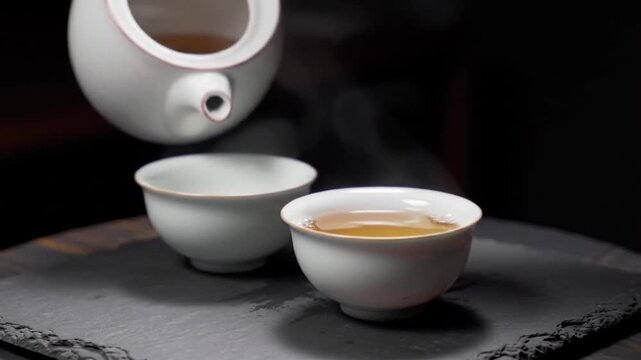 Teapot pouring tea into a cup on a slate tray with another cup