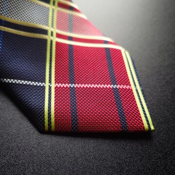 Close up of a plaid necktie with red and navy blue tartan pattern on a black background