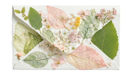 Green leaves and delicate flowers arranging on textured paper, symbolizing natural invitation and friendly eco greeting